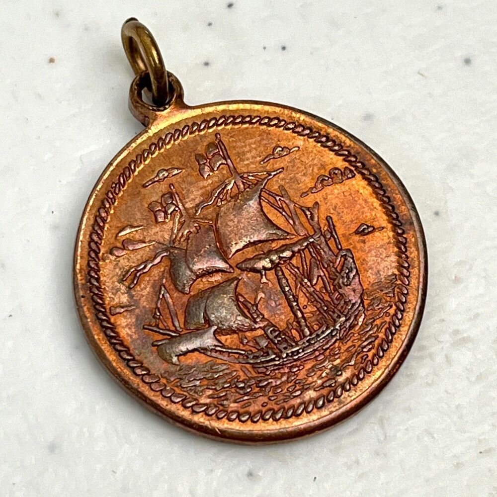 Copper Tone Pirate Pendant Medal Medallion Ship Skull Crossbones 1 Inch